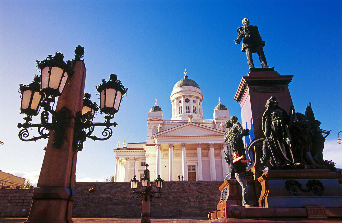Statue of Alexander II and Lutheran Cathedral. Helsinki. Finland