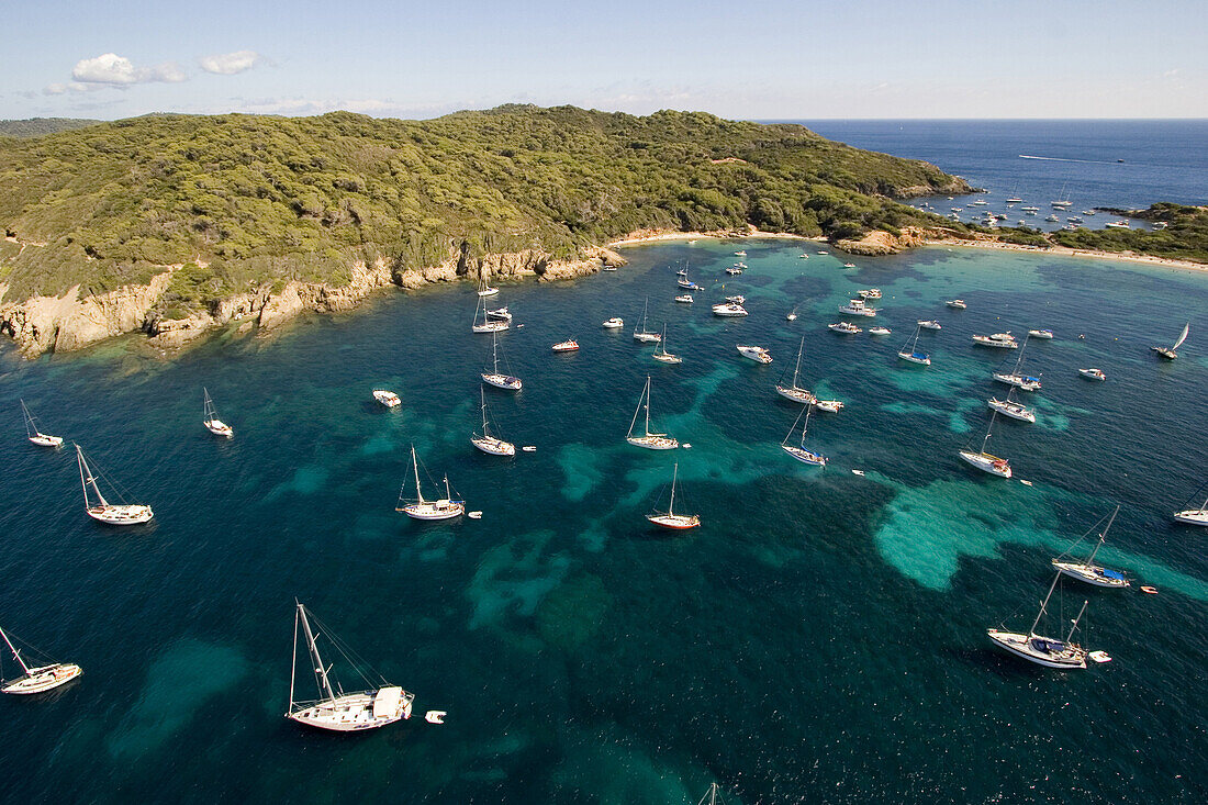 Luftaufnahme von Booten in der Bucht und des Strands von La Courtade, Porquerolles, IIes d'Hyeres, Frankreich, Europa