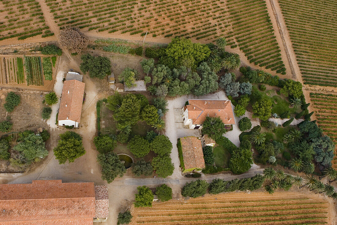 Luftaufnahme von einem Bauernhof und Feldern, Provence-Alpes-Côte d'Azur, Frankreich, Europa