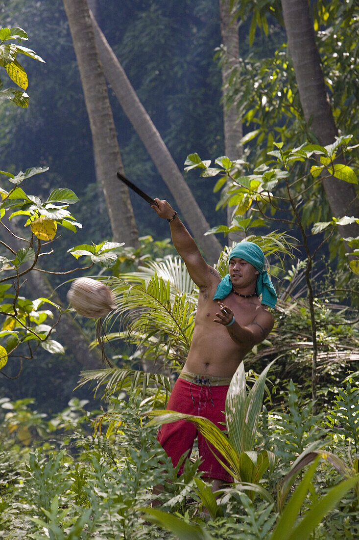 Junger Mann bei der Herstellung von Kopra, Fatu Hiva, Marquesas, Polynesien, Ozeanien