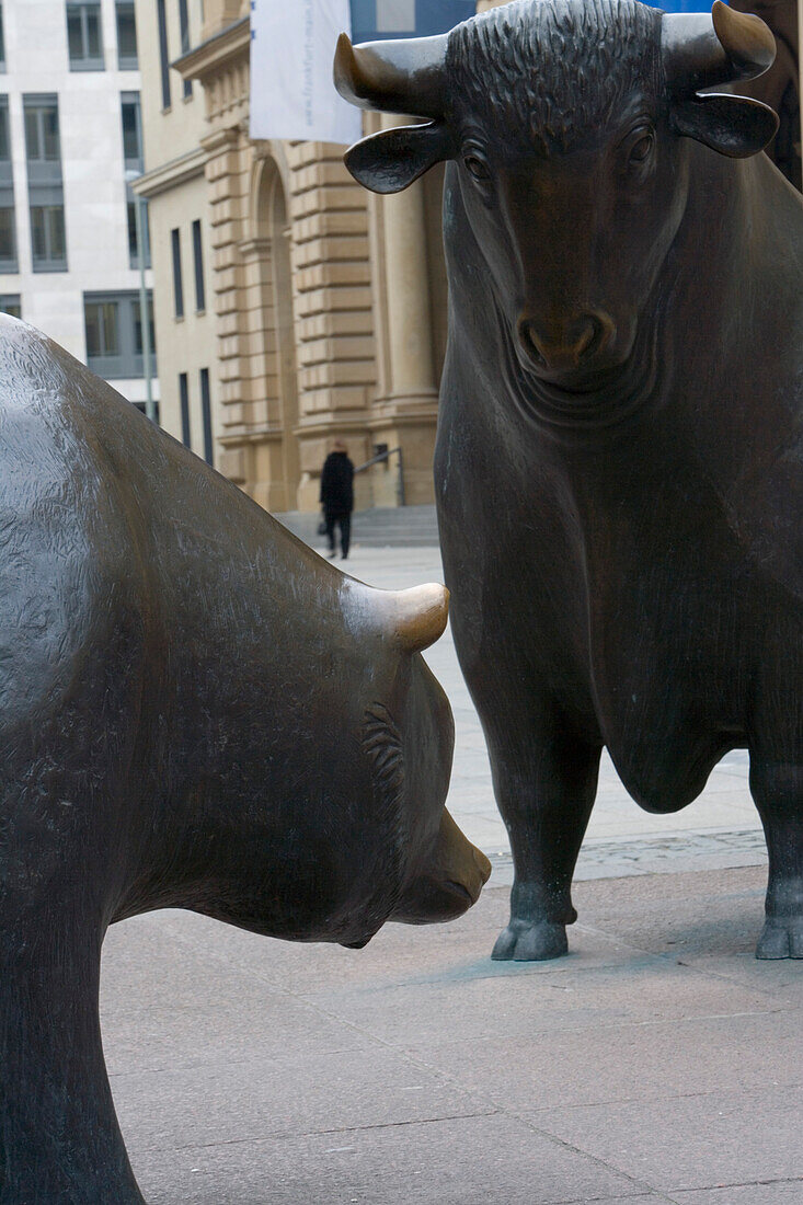 Bear and Bull Sculpture at German Stock Market building, Deutsche Boerse, Frankfurt, Hesse, Germany