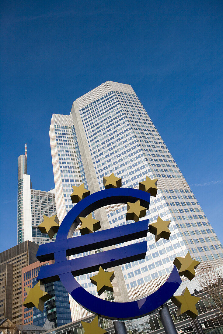 Euro Sign and European Central Bank Tower, Frankfurt, Hesse, Germany