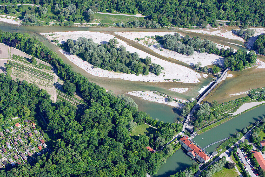Aerial view of the Flaucher, floodplain of the Isar river, Munich, Bavaria, Germany
