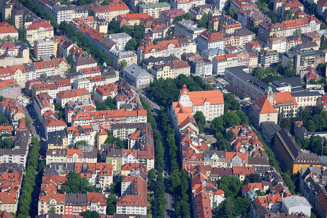 Aerial view of Schwabing district with square Elisabethplatz and Theater der Jugend, Munich, Bavaria, Germany