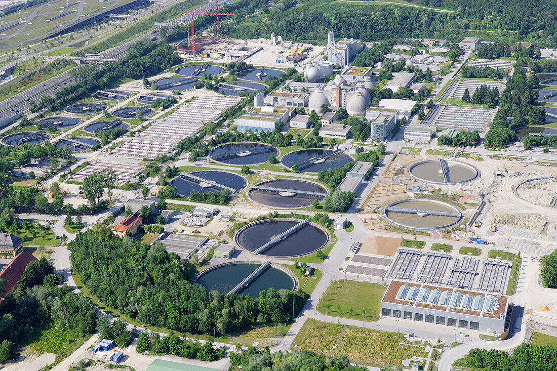 Aerial viewof the sewage treatment plant at Fröttmaning, Munich, Bavaria, Germany