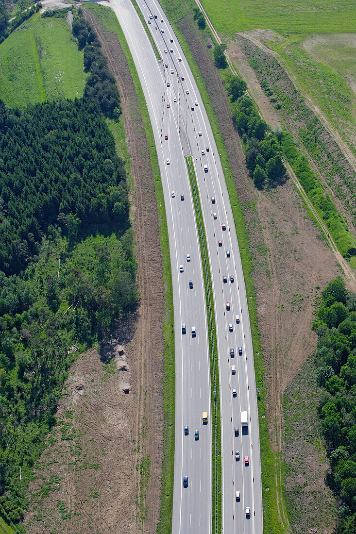 Aerial view of the autobahn 96, motorway from Munich to Lindau, Bavaria, Germany