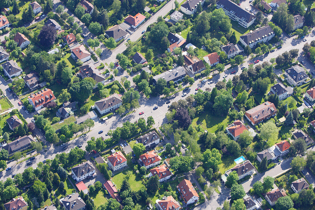 Aerial view of a residential area at Großhadern district, Munich, Bavaria, Germany