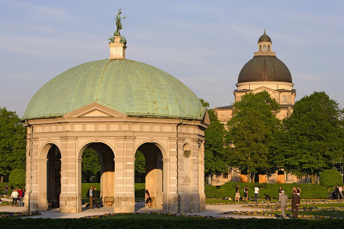 Pavillion at Hofgarten in front of dome of the Bavarian State Chancellery, Munich, Bavaria, Germany