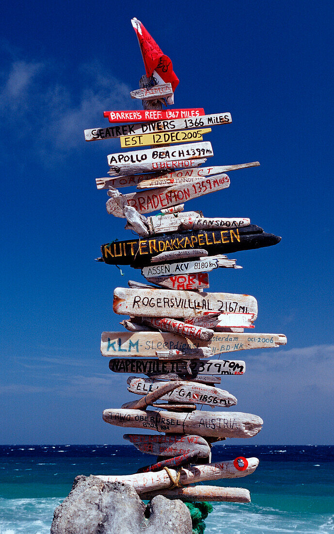 Signpost on the beach, Netherlands Antilles, Bonaire, Caribbean Sea