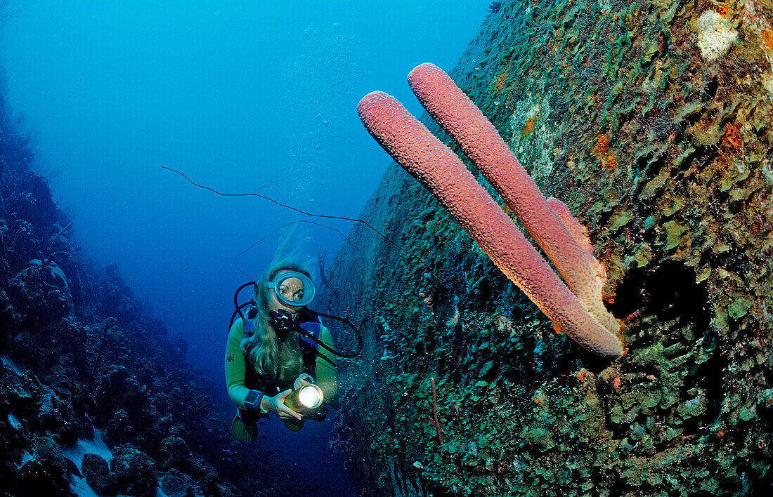 Scuba diver on the Hilma Hooker Ship Wreck, Netherlands Antilles, Bonaire, Caribbean Sea