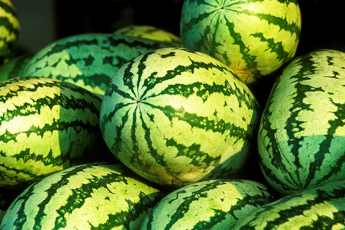  Abundance, Abundant, Agriculture, Aliment, Aliments, Close up, Close-up, Closeup, Color, Colour, Country, Countryside, Economy, Farming, Food, Green, Heaped, Horizontal, Many, Market, Markets, Melon, Melons, Piled up, Produce, Product, Products, Rural, S