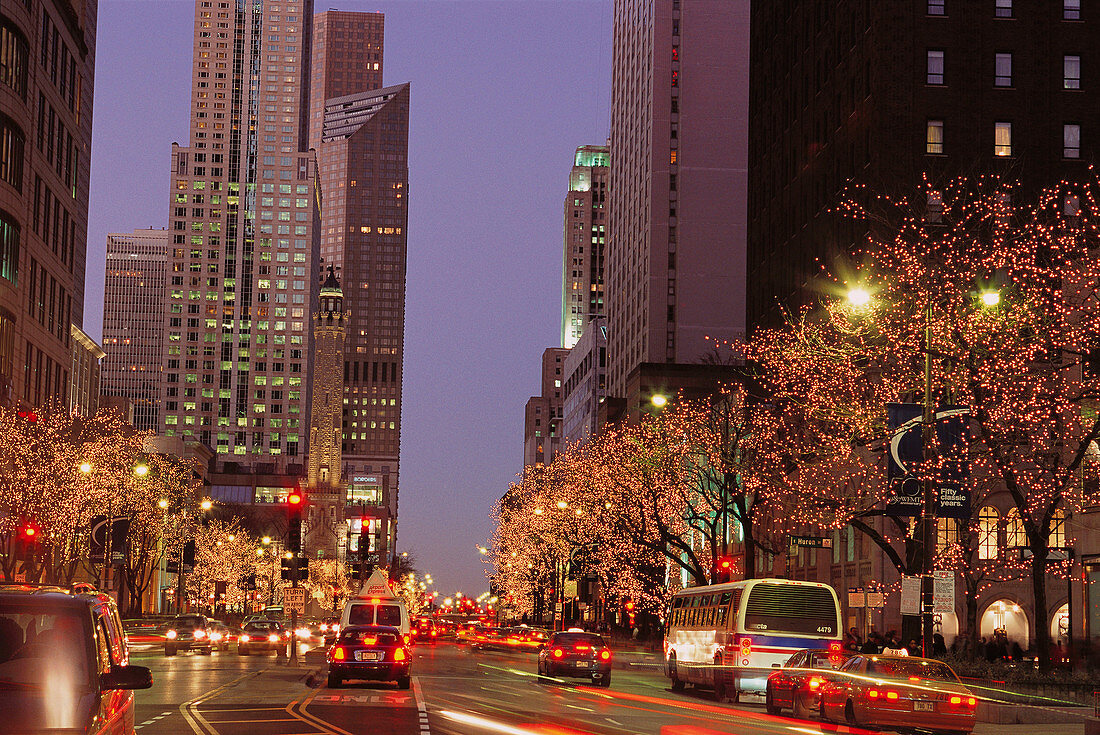 Michigan Avenue with holiday decorations. Chicago. USA