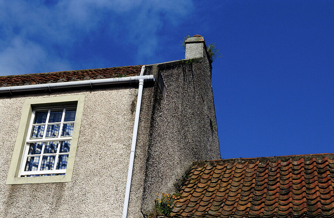 Red tiled roof and flowers in gutter. Crail. Scotland