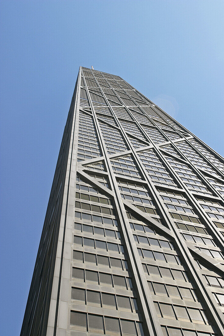 John Hancock Center, viewed from below, angled view, built 1969, 100 stories. Chicago. Illinois. USA