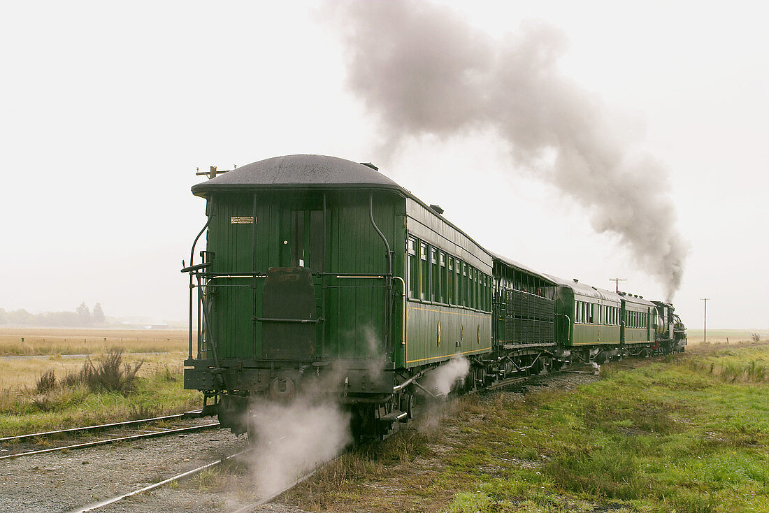 Kingston Flyer passenger steam train runs between Kingston and Fairlight, caboose. Fairlight. New Zealand