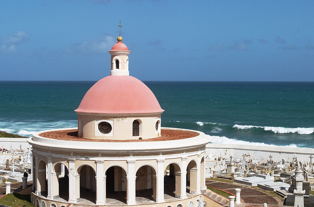 PUERTO RICO San Juan. . San Juan cemetery in Old San Juan near El Morro fort, red-domed chapel from late 19th century