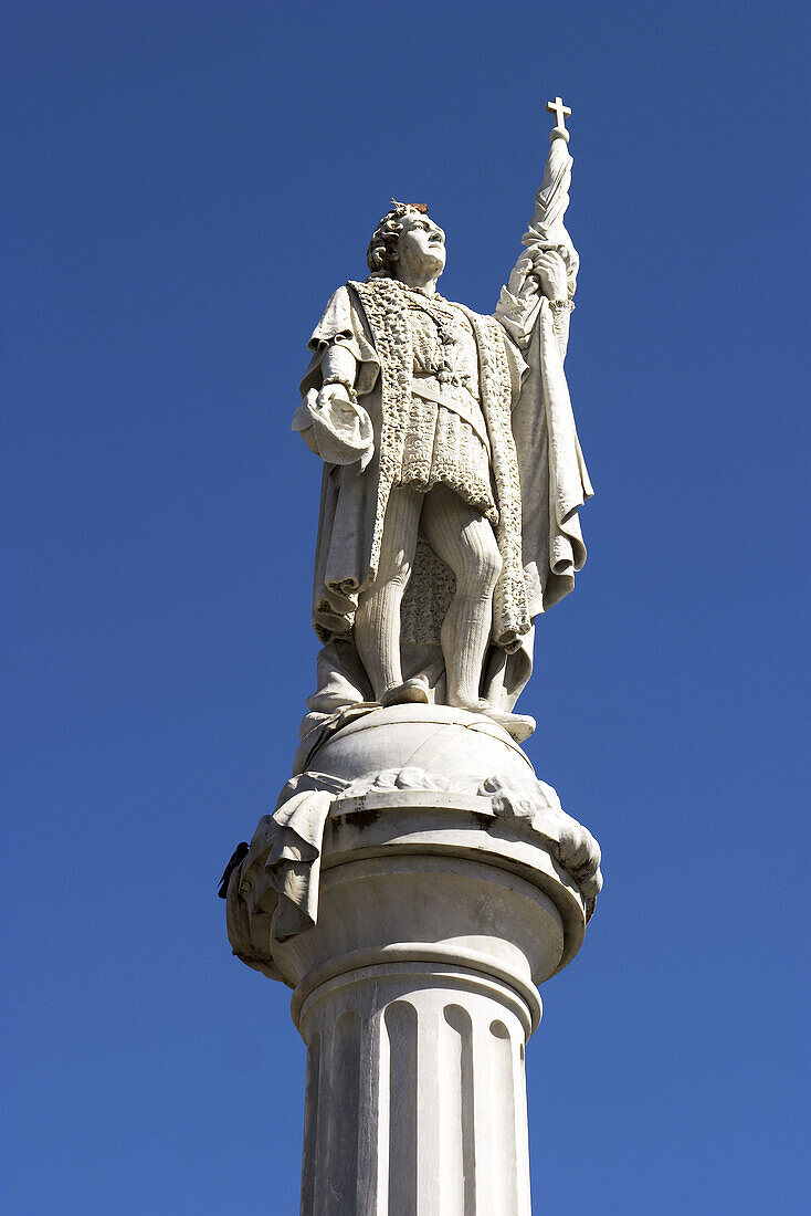 PUERTO RICO San Juan. . Statue of Christopher Columbus on column, in Old San Juan plaza