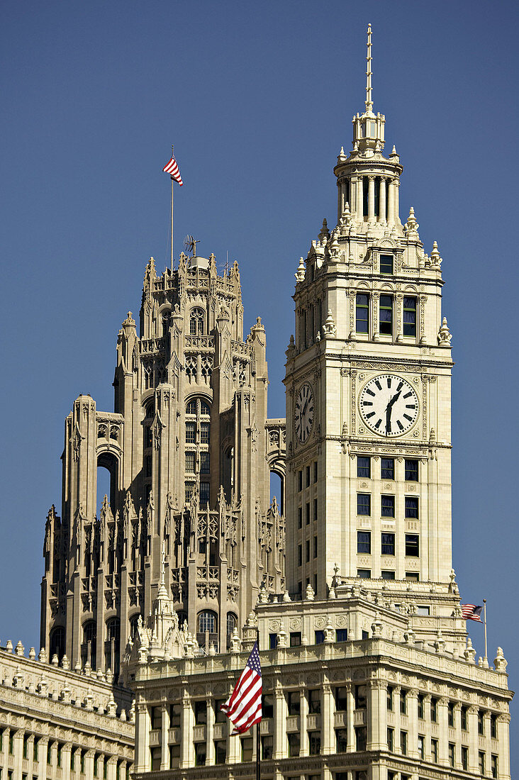 Wrigley Building and Tribune Towers, top and spires of buildings, landmark and famous architecture highrises. Chicago. Illinois. USA.