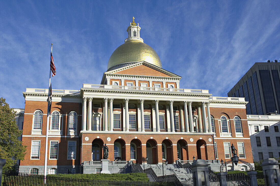 Massachusetts, Boston, Massachusetts State house, site along Freedom Trail, state capitol building with gold dome, designed by Charles Bulfinch