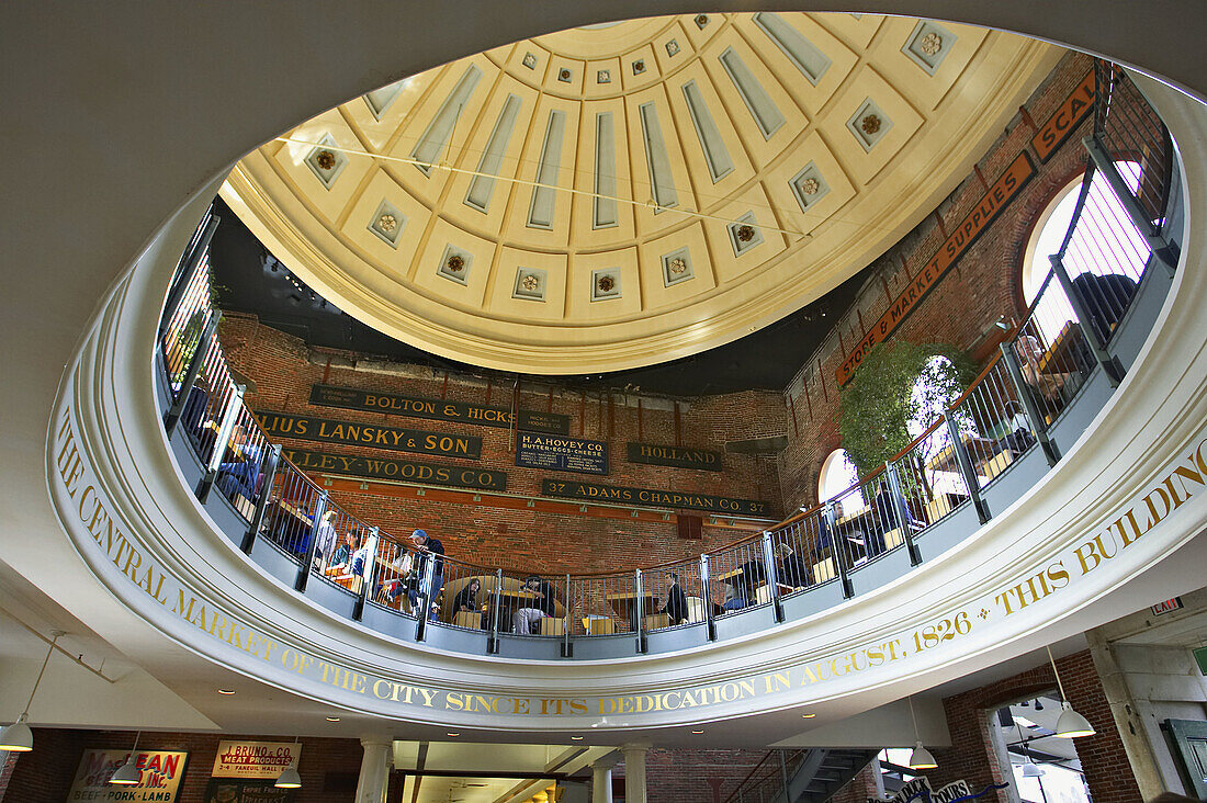 Massachusetts, Boston, Quincy Market, food and gift marketplace, site along Freedom Trail, dining area under dome, circular opening