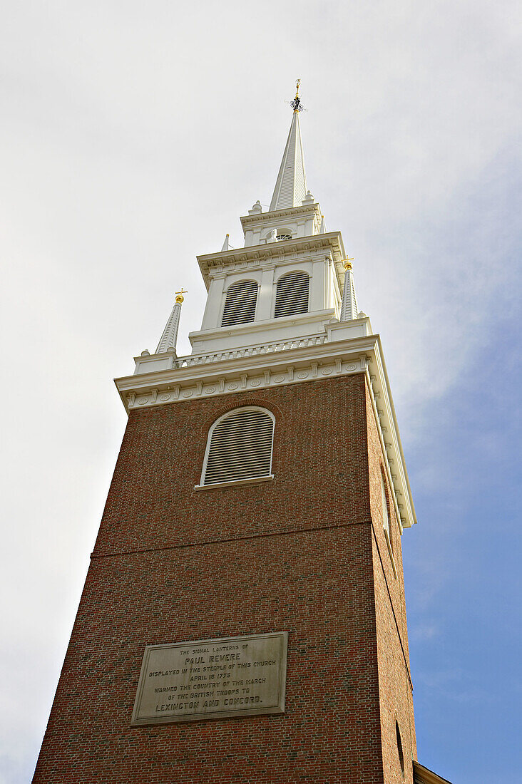Massachusetts, Boston, Old North Church, site along Freedom Trail where lanterns were hung, steeple