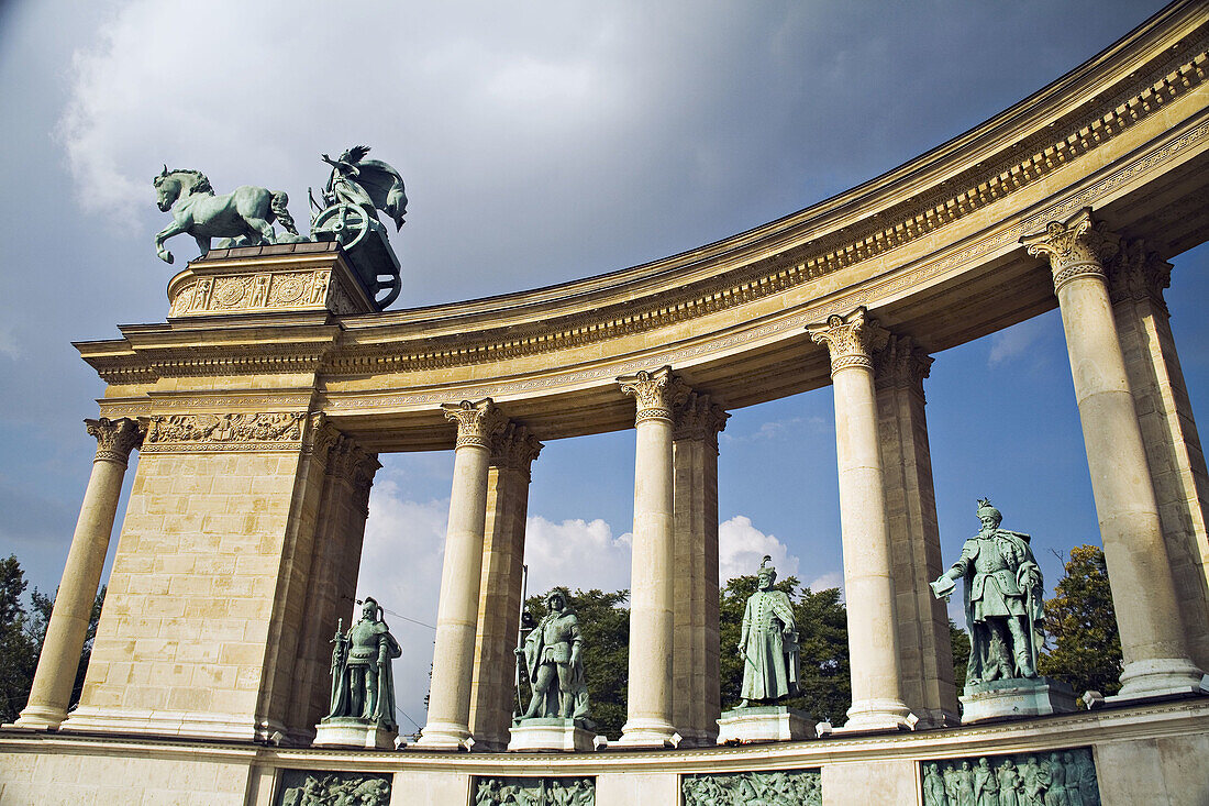 HUNGARY Budapest Millenary monument in Heroes Square, Hozok tere, statues of famous leaders throughout Magyar history