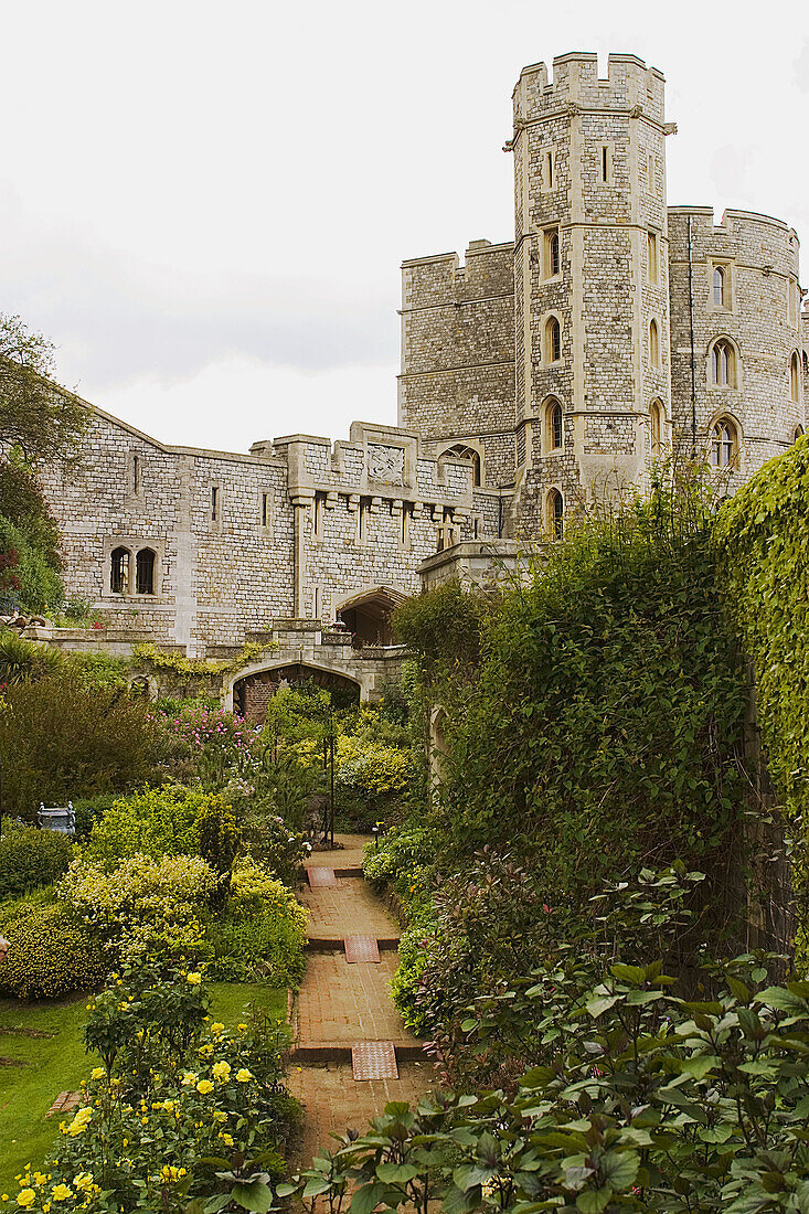 ENGLAND Windsor Brick sidewalk and garden inside walls of Windsor castle, turret and stone wall