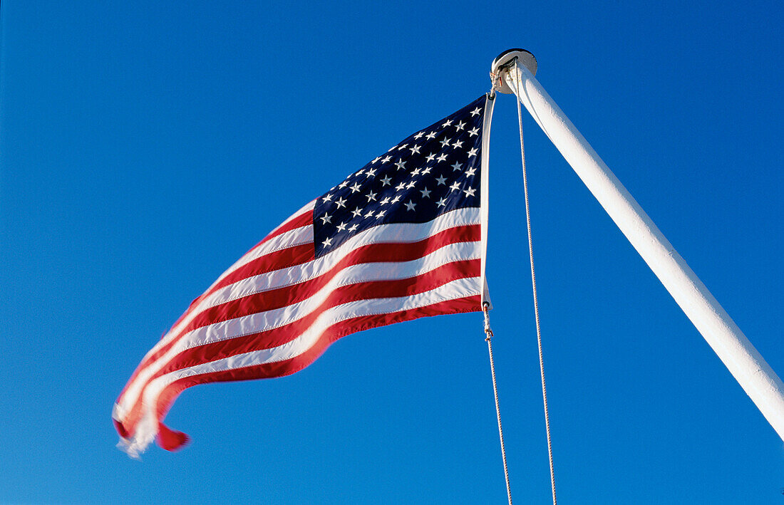  Amerika, amerikanische Fahne, Außen, Blau, Blauer Himmel, Fahne, Fahnen, Fahnenmast, Fahnenmasten, Farbe, Flagge, Flaggen, Himmel, Horizontal, Konzept, Konzepte, Nahaufnahme, Nahaufnahmen, Nordamerika, Patriotismus, Schwenken, Staatsbürgerschaft, Sterne 