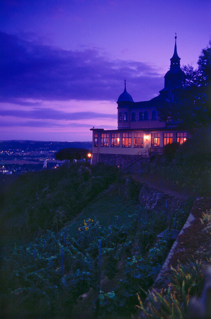 Spitzhaus at vineyard Goldener Wagen at night, Radebeul, Saxony, Germany