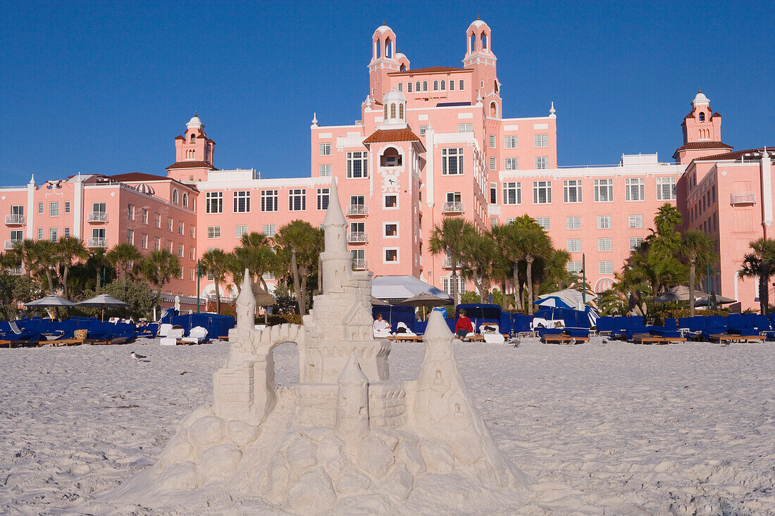 A sandcastle in front of the Don Cesar Hotel under blue sky, St. Petersburg Beach, Florida, USA