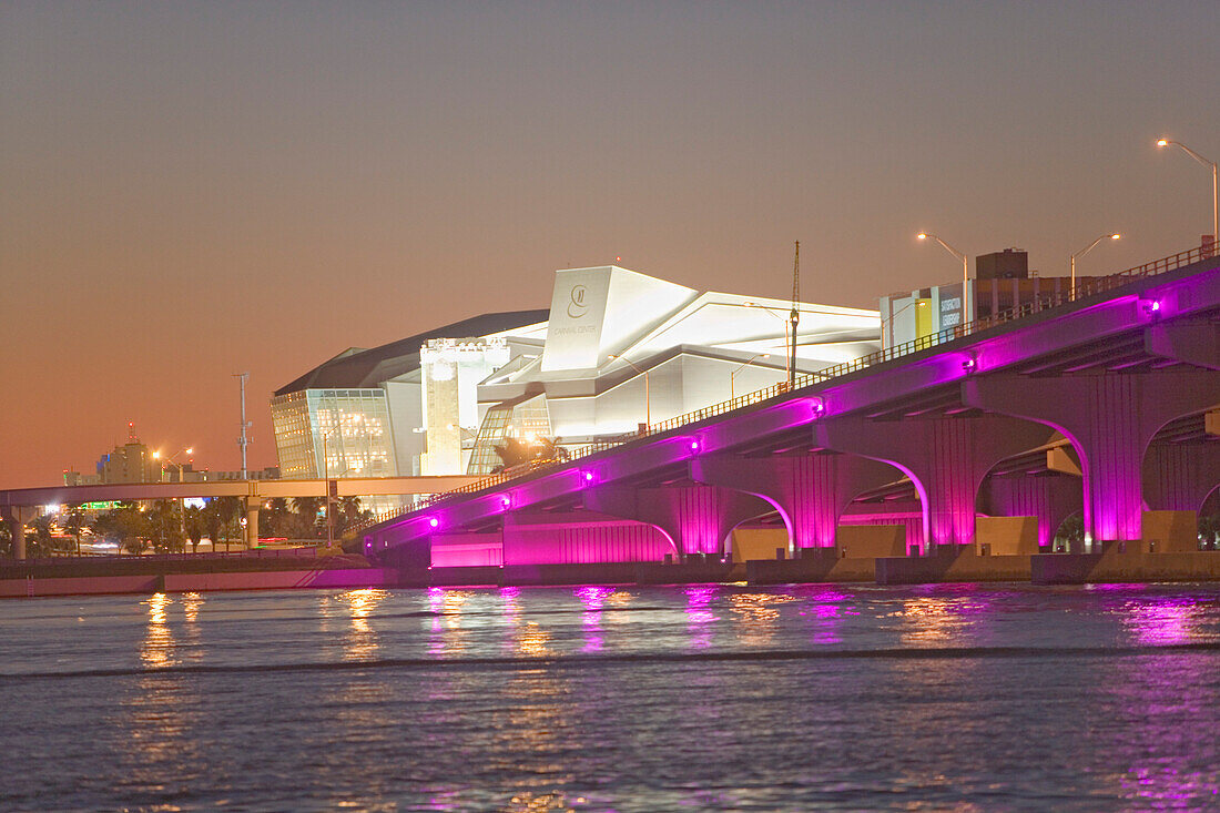The illuminated Carnival Center for the Performing Arts in the evening, Miami, Florida, USA