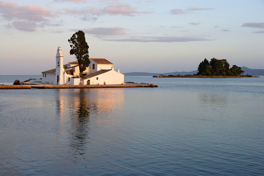 View of the convent Panaghia Vlaherna in the evening light and Mouse Island, Ionian Islands, Greece