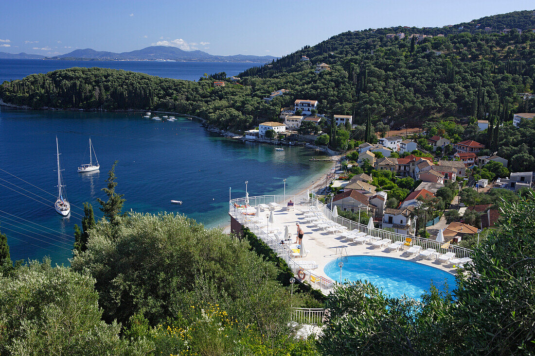 Swimming pool with ocean view on a roof, Kalami, Corfu, Ionian Islands, Greece