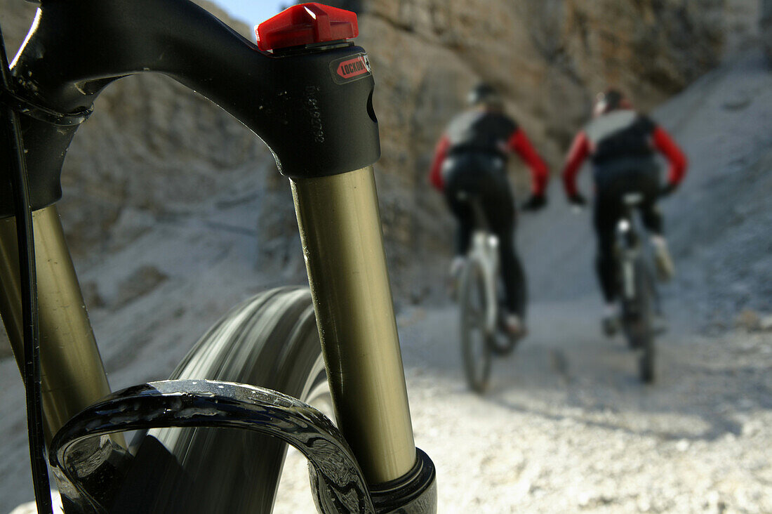 Mountain bikers on mountain path, Tofane, Dolomites, Veneto, Italy