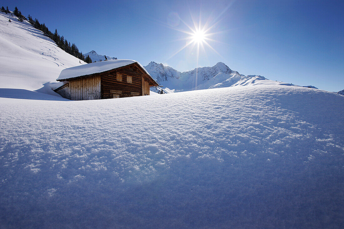 Lodge in snow, skiing region Sonnenkopf, Vorarlberg, Austria