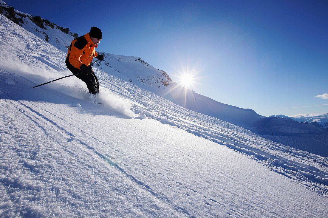 Skier in deep snow, skiing region Sonnenkopf, Vorarlberg, Austria