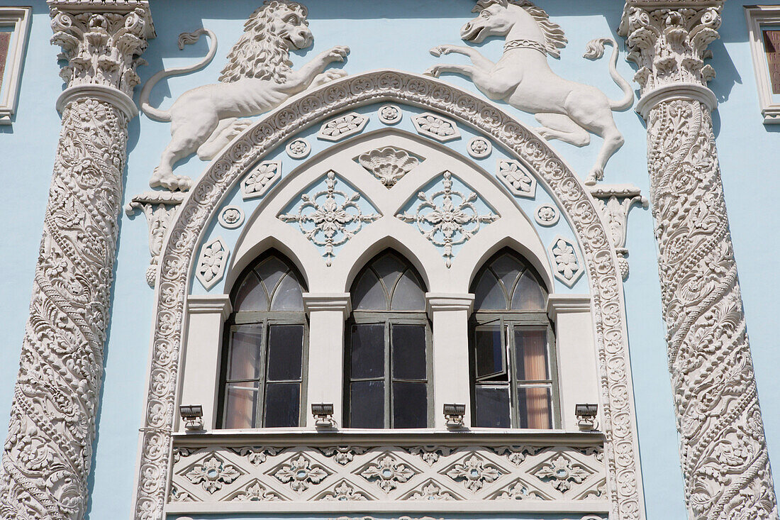 Neo gothic facade of a former printing house in Nikolskaya ulitsa 15 in the Kitai Gorod area, Moskau, Russia