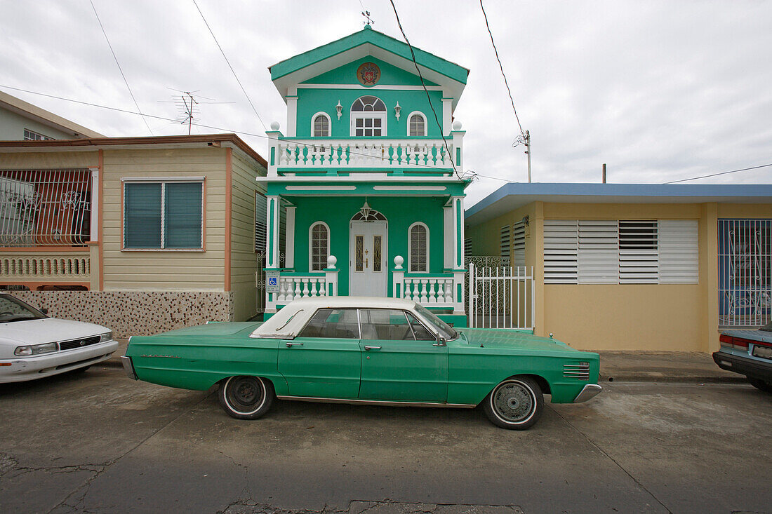 green house and greeen classic car, San German, Puerto Rico