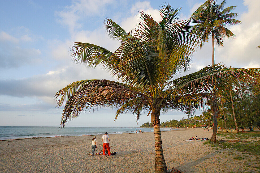 People and palm trees at the beach under cloudy sky, Luquillo, Puerto Rico, Carribean, America