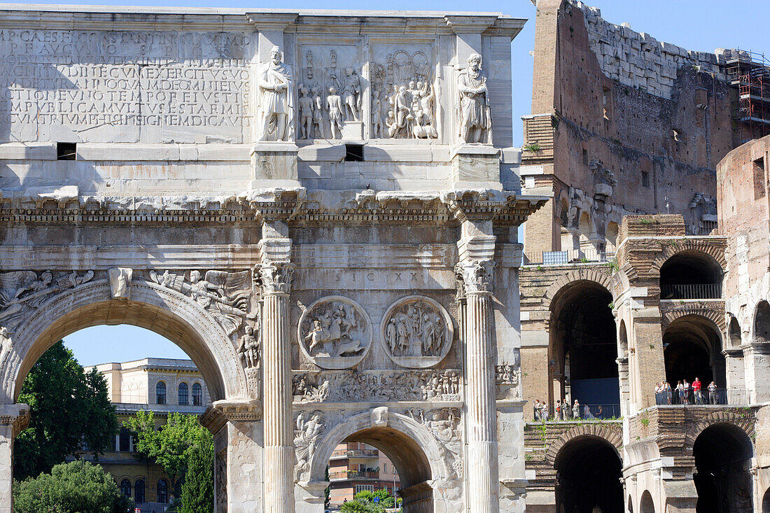 Arch of Constantine and the Colosseum in the sunlight, Rome, Italy, Europe