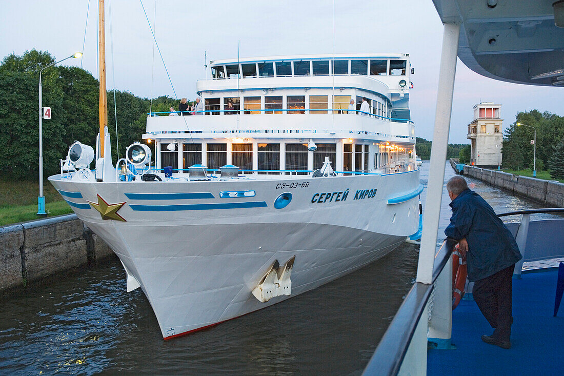 Cruise ships in a lock on the Moscow canal, Russia