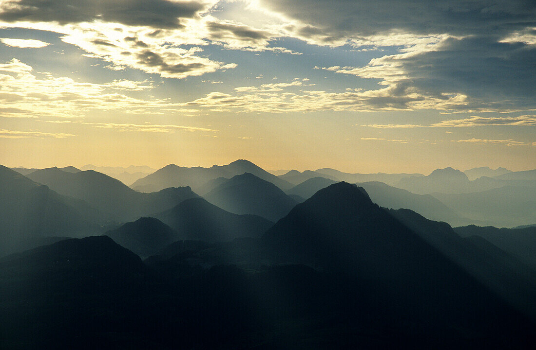 backdrop scenery of Salzkammergut range, sunbeams, Salzburg, Austria