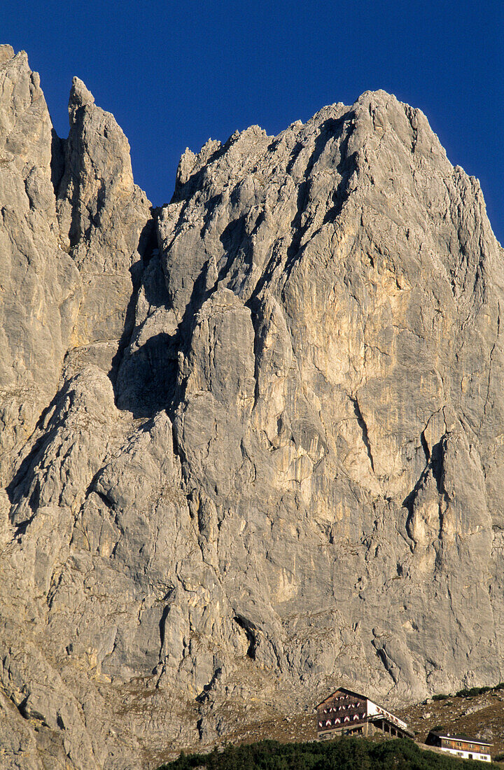 Gruttenhütte unter den Felswänden des Kopftörlgrates mit Kapuzenturm und Leuchsturm, Wilder Kaiser, Kaisergebirge, Tirol, Österreich