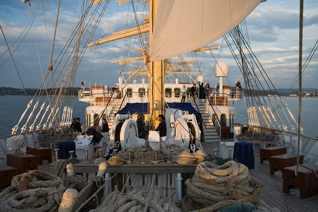 Front deck at sunset, Aboard Sailing Cruiseship Royal Clipper (Star Clippers Cruises), Adriatic Sea, near Rovinj, Istria, Croatia