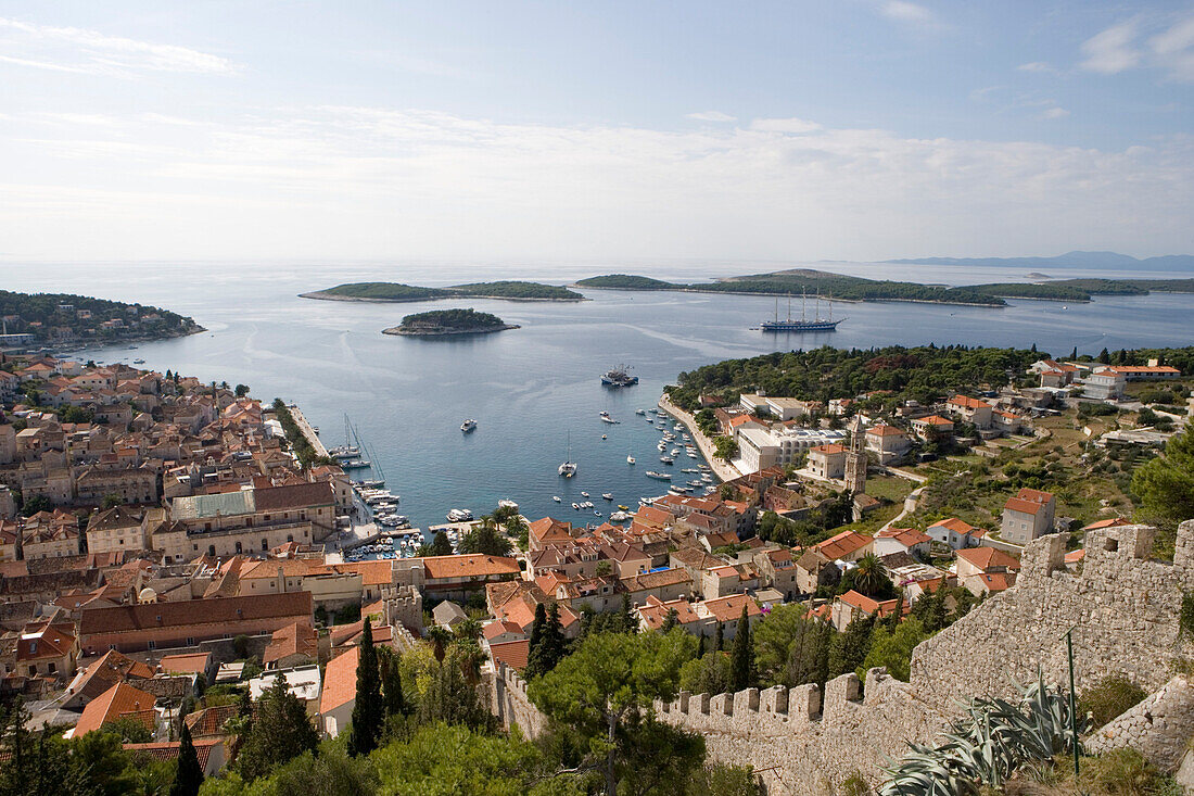 Spanjola Fortress and Hvar Harbor with Cruiseship Royal Clipper, Hvar, Split-Dalmatia, Croatia