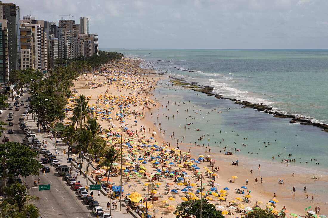 View of the crowded beach from Recife Palace Hotel, Recife, Pernambuco, Brazil, South America