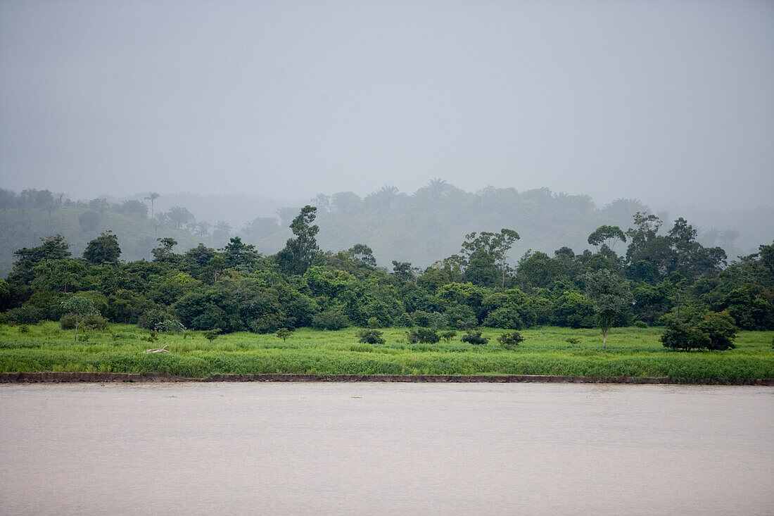 Tropical rainforest during Mid-Morning rain downpour on Amazon River, Boca da Valeria, Amazonas, Brazil, South America