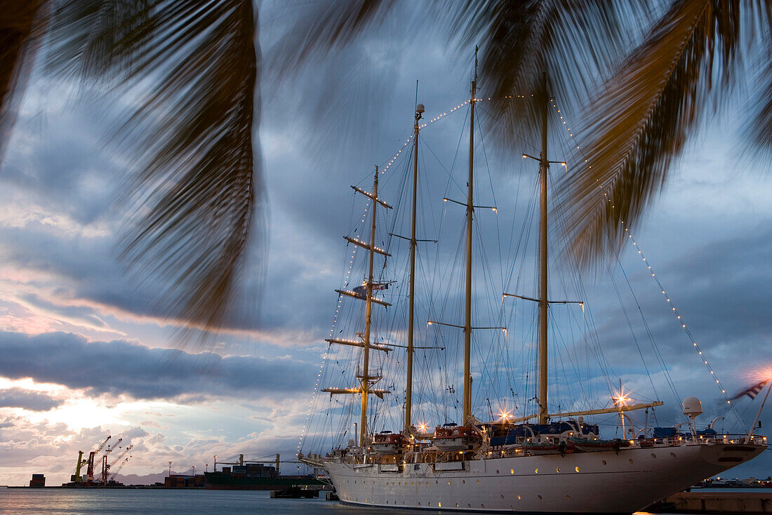 Sailing Cruiseship Star Flyer (Star Clippers Cruises) in home port of Papeete, Papeete, Tahiti, Society Islands, French Polynesia