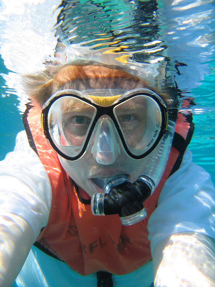 Snorkeller in Bora Bora Lagoon, Bora Bora, Society Islands, French Polynesia