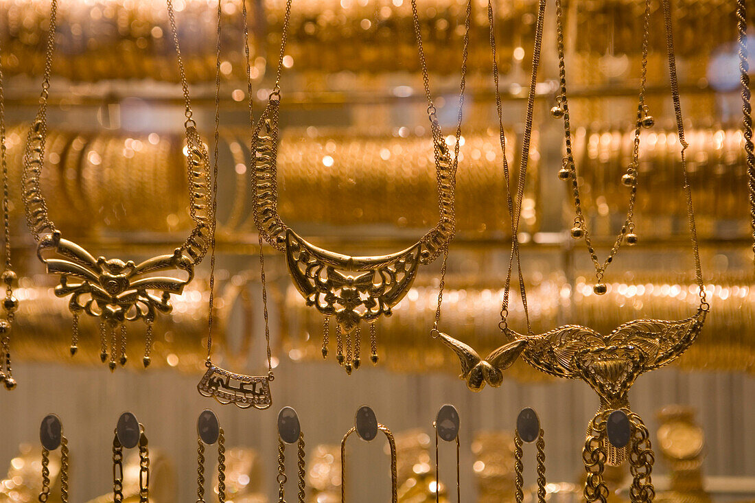 Gold jewellery in a shop window at a Jewellery Shop at Souq al-Hamidiyya covered market, Damascus, Syria, Asia
